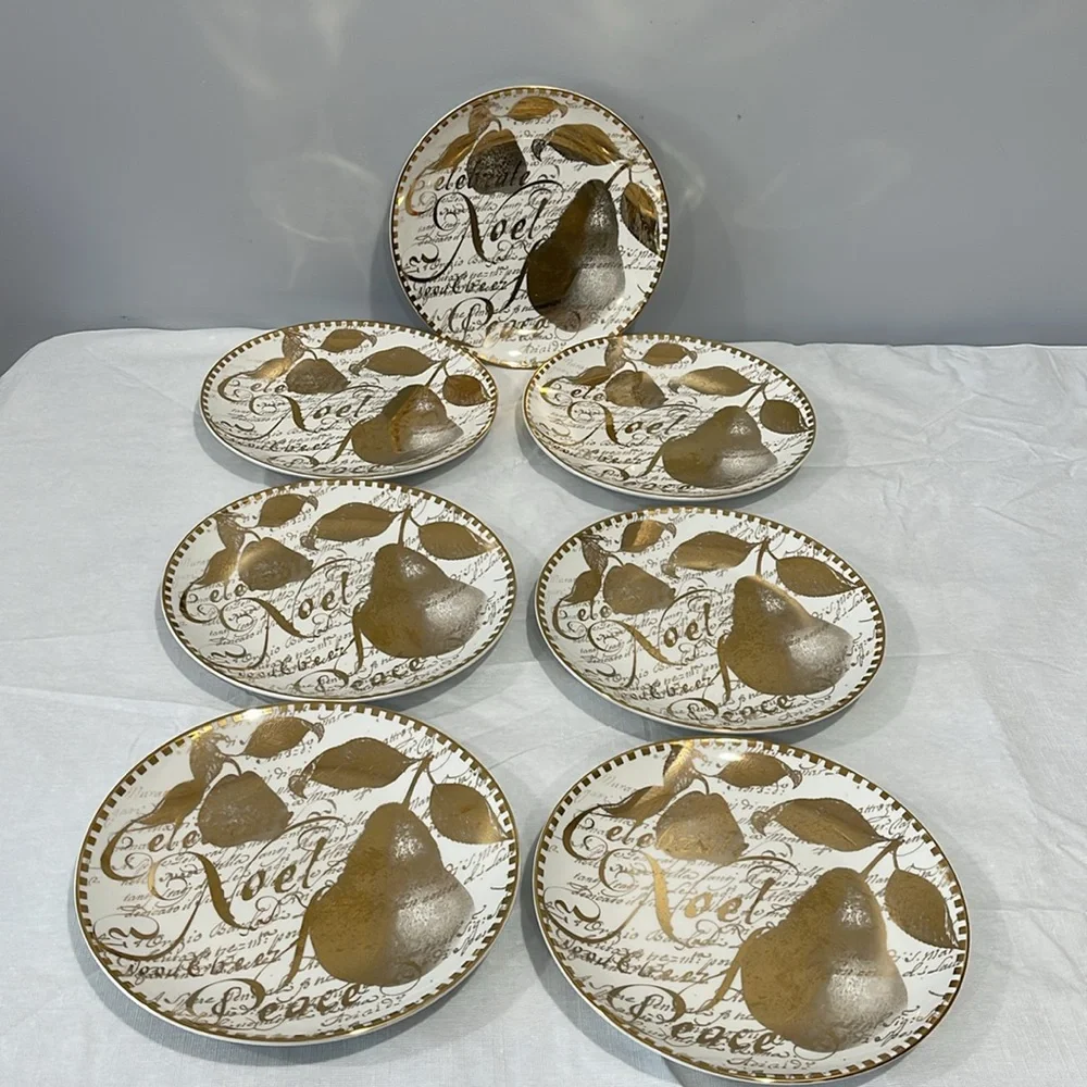 Restoration Hardware Christmas 8”Plates Holiday Gold Pear Noel Peace Set